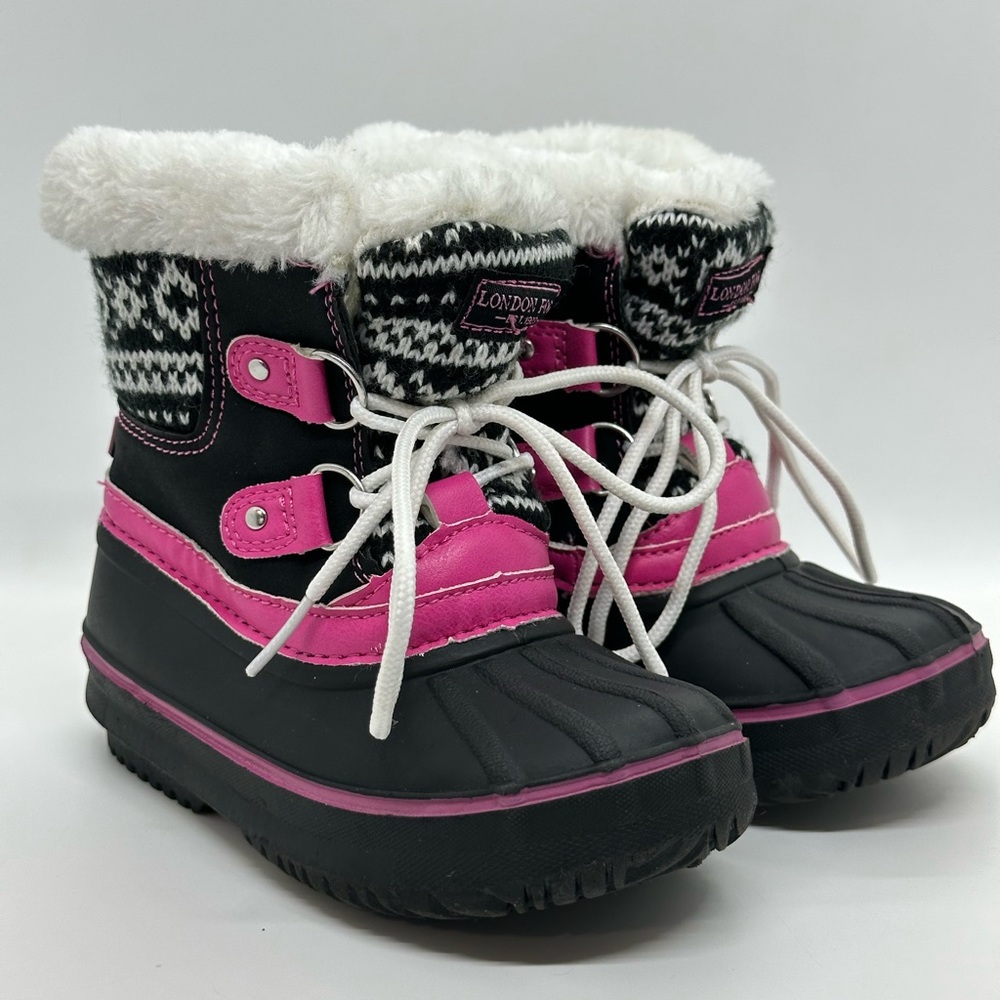 London Fog Toddler Girls Black and Pink Faux Fur Winter Snow Boots Size 9